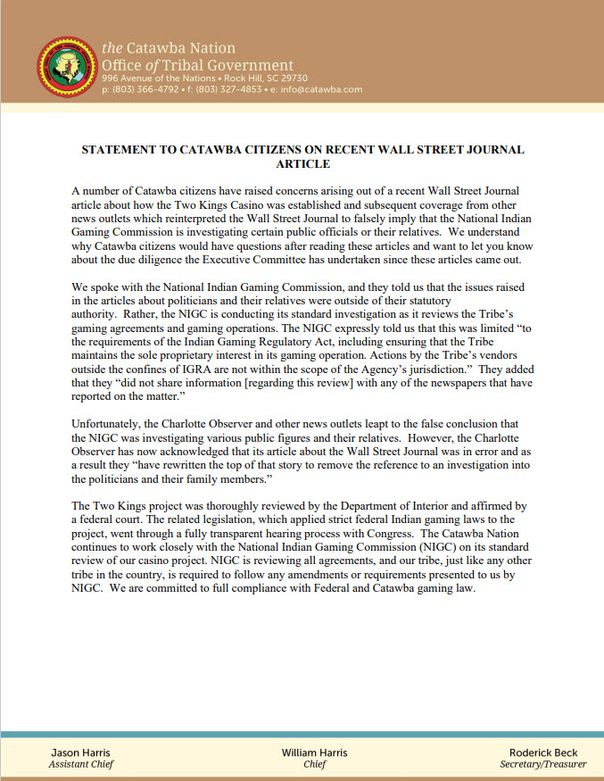 Catawba Nation Statement on casino investigation
